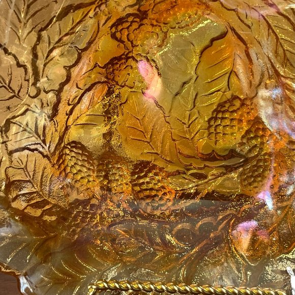 Indiana Glass Co. Berry Motif Triangular Bowl Orange Marigold Glass Vintage - Picture 8 of 11